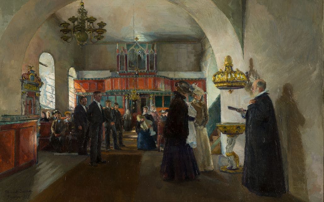 Painting by Harriet Backer depicting the inside of a stone church. A priest is conducting a baptism. The baby is held by two women wearing 1800-dresses and hats.